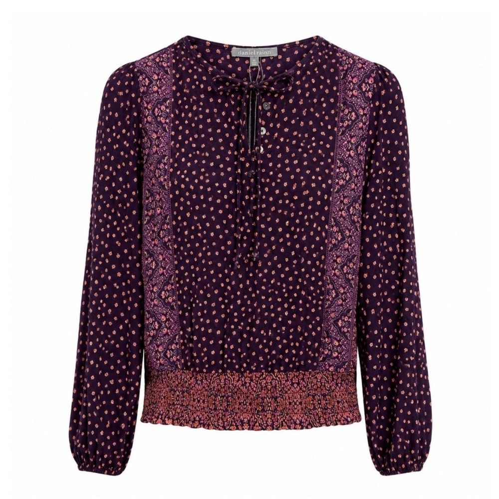 Daniel Rainn Colie Printed Henley Knit Top Dark Purple Floral Smocked Hem XL NWT